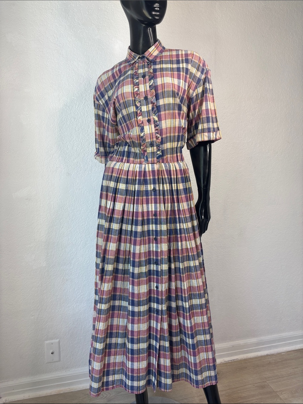 VTG 100% Cotton Plaid Short-Sleeve Maxi Dress in Pink Yellow and Blue